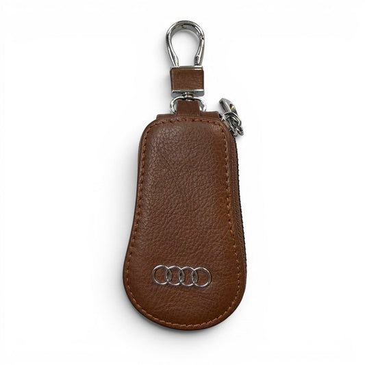 Sina Footwear dark brown leather key holder wallet with zipper closure and Audi logo.