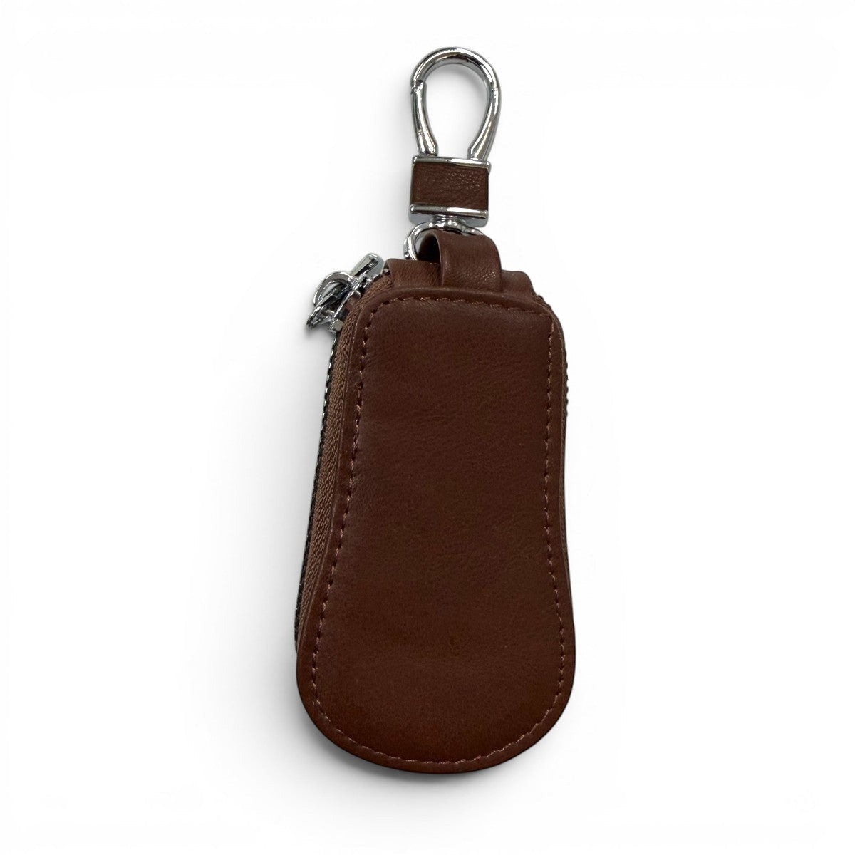Sina Footwear dark brown leather key holder wallet with zipper closure and metal clip.
