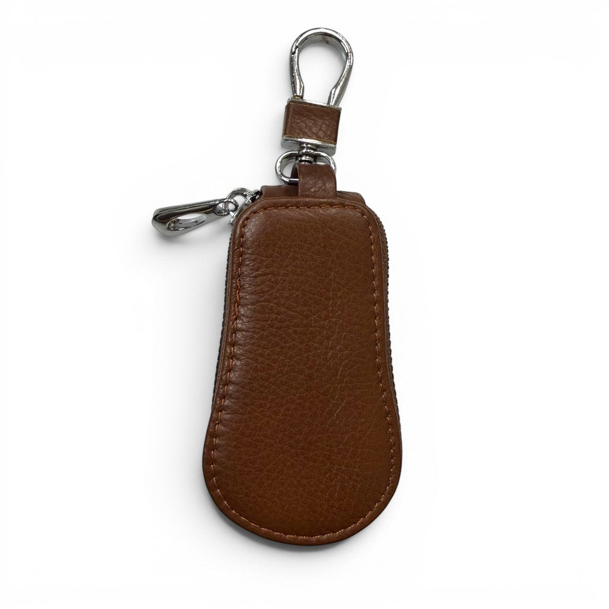 Sina Footwear dark brown pebbled leather key holder wallet with zipper closure and silver hardware.