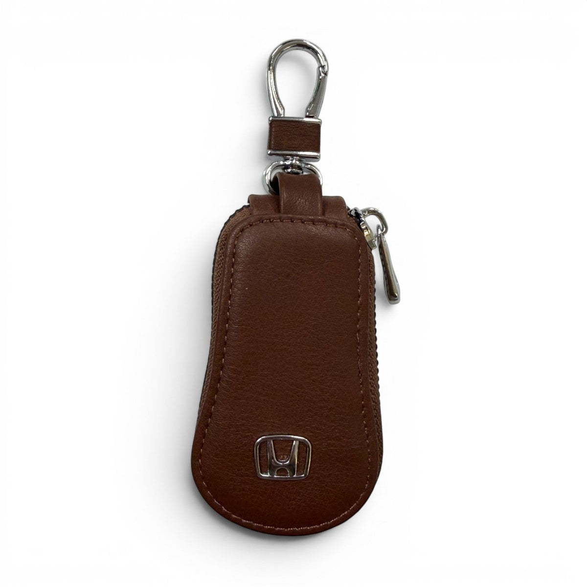 Sina Footwear dark brown leather key holder wallet with zipper closure and metal clip, featuring a Honda logo.