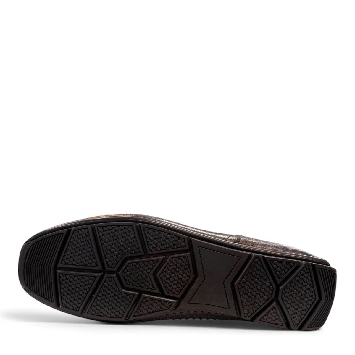 Sina Footwear dark brown genuine leather loafer with embossed geometric pattern and durable rubber outsole.
photo of the bottom side