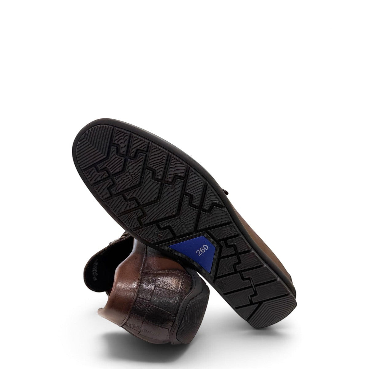 Sina Footwear dark brown genuine leather loafer with crocodile-embossed detail and a durable rubber outsole.
photo of the bottom side