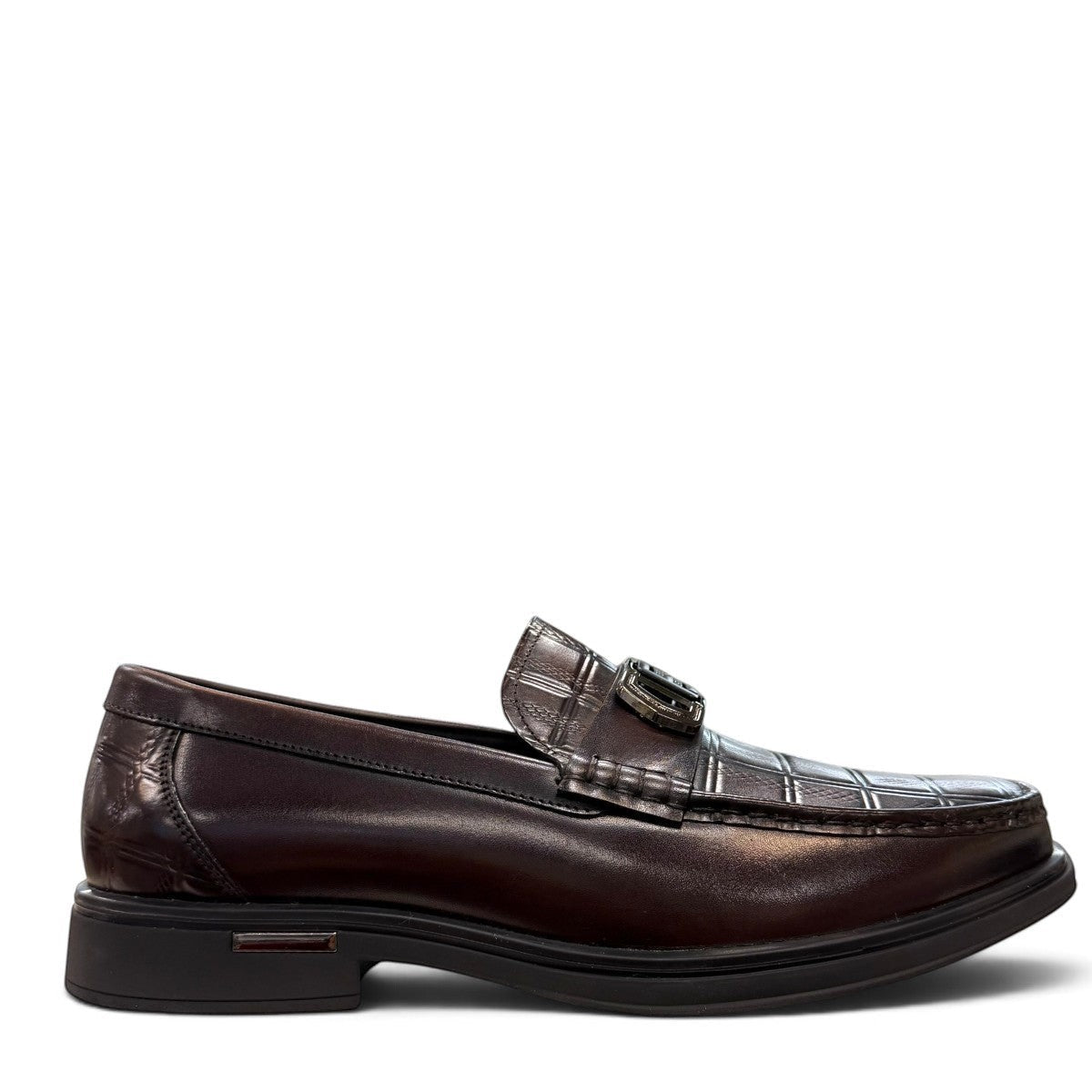 Sina Footwear dark brown genuine leather loafer with a textured croc-effect vamp and metallic buckle detail.
 photo of the right side