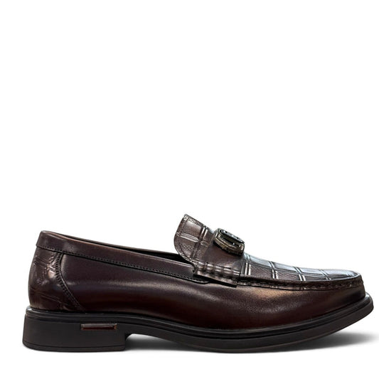 Sina Footwear dark brown genuine leather loafer with a textured croc-effect vamp and metallic buckle detail.
 photo of the right side