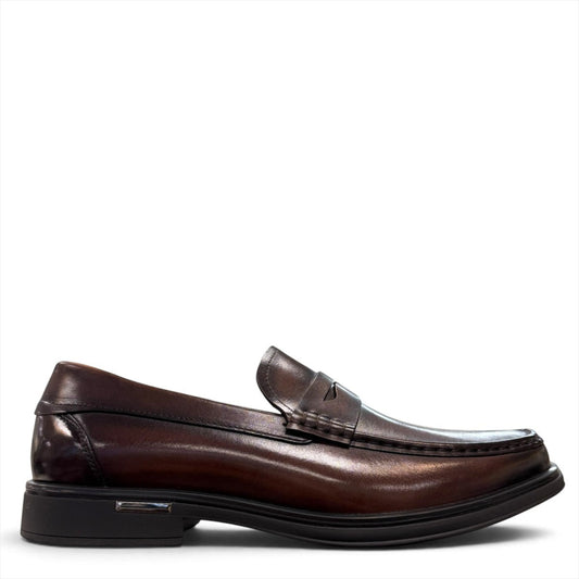 Sina Footwear dark brown genuine leather penny loafer with a classic silhouette and durable rubber outsole.
photo of the right side