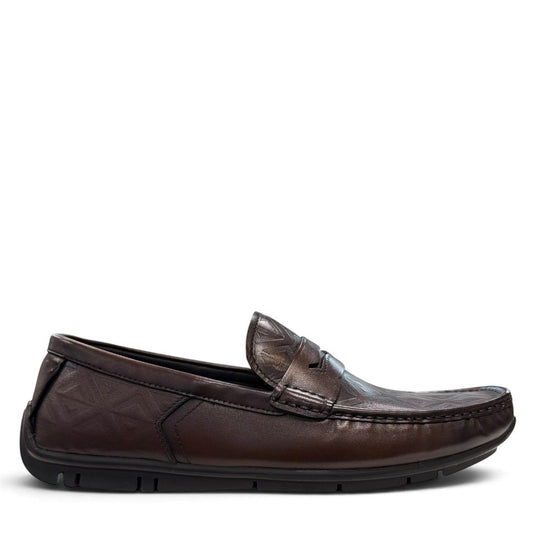Sina Footwear dark brown genuine leather loafer with embossed geometric pattern and durable rubber outsole.
photo of the right side