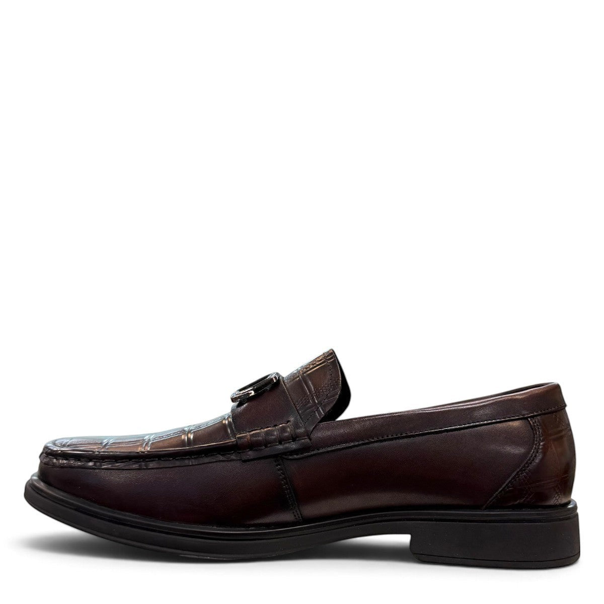 Sina Footwear dark brown genuine leather loafer with a textured croc-effect vamp and metallic buckle detail.
 photo of the left side