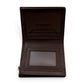 Sina Footwear genuine leather bi-fold wallet in dark brown with multiple card slots and ID window.