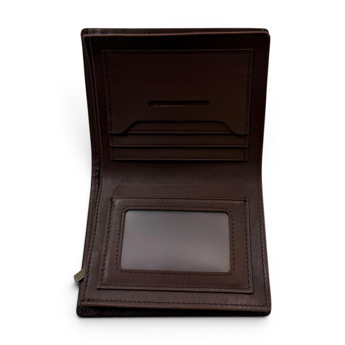 Sina Footwear genuine leather bi-fold wallet in dark brown with multiple card slots and ID window.