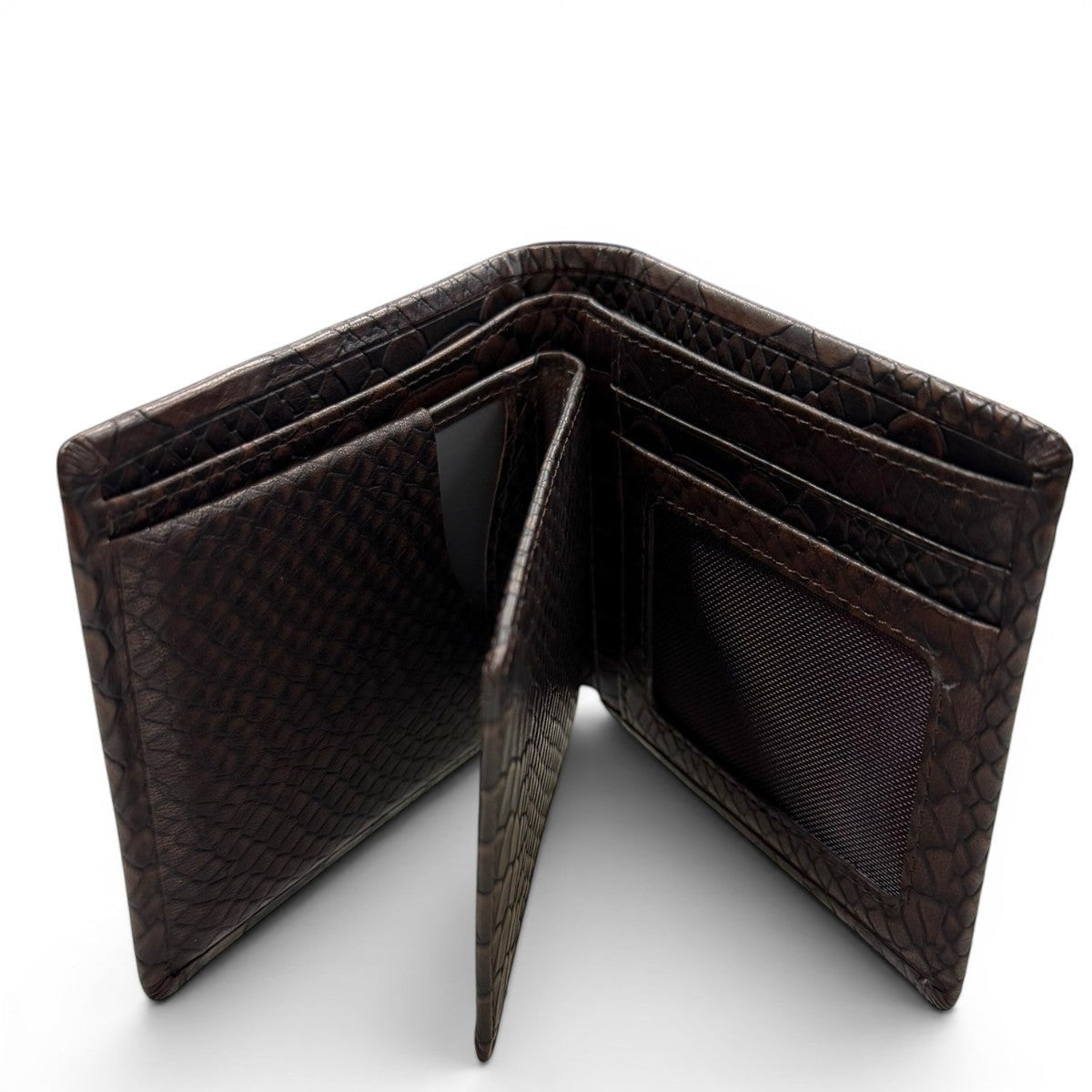 Sina Footwear genuine leather bi-fold wallet in dark brown with textured finish and multiple card slots.