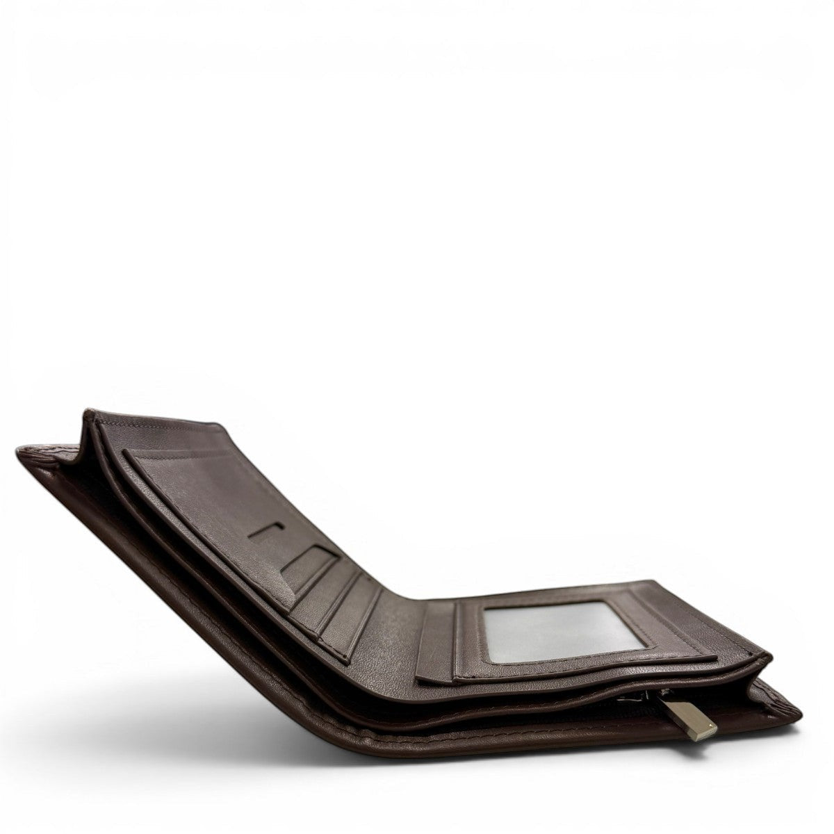 Sina Footwear dark brown genuine leather bi-fold wallet with multiple card slots and ID window.