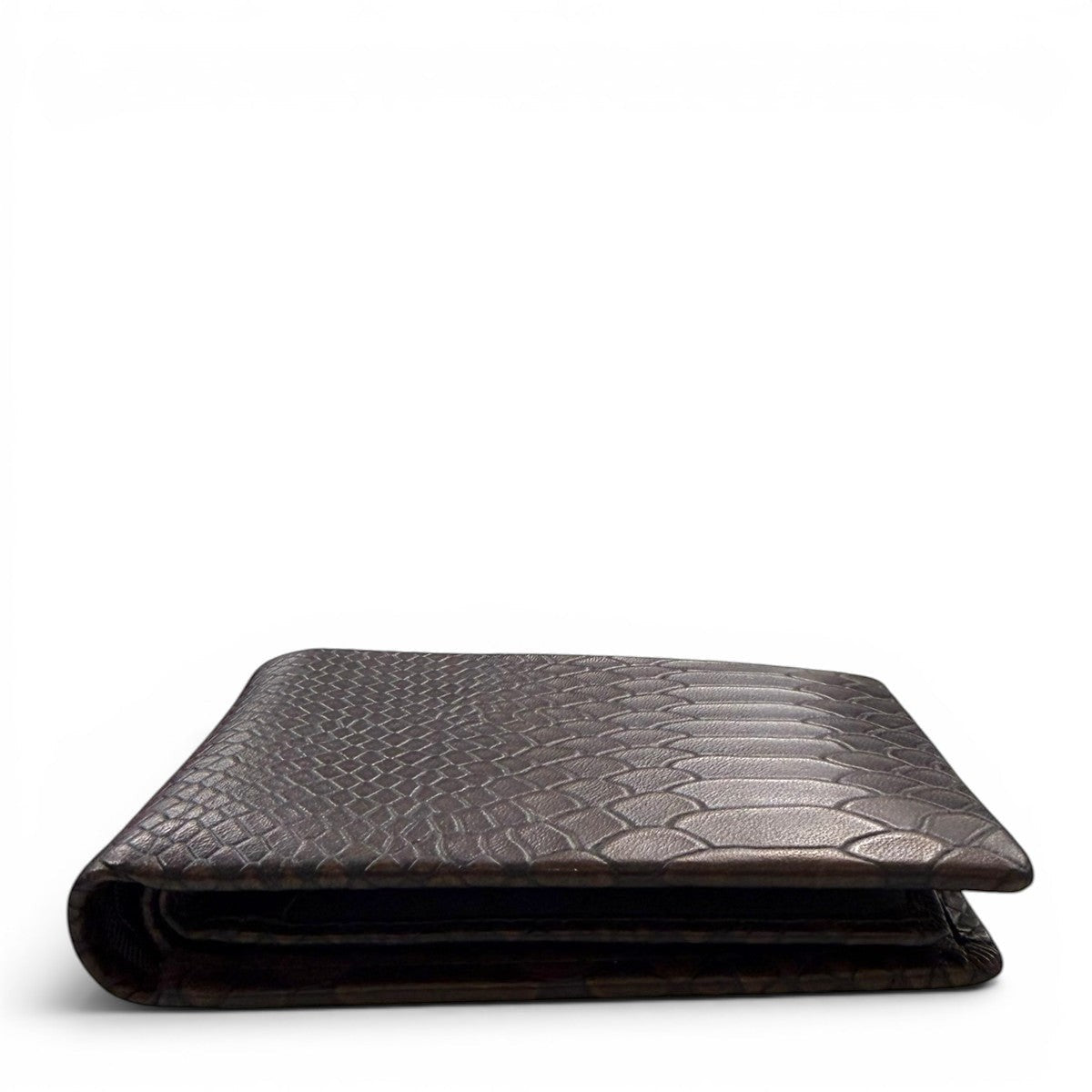 Sina Footwear dark brown genuine leather bi-fold wallet with embossed snake pattern and multiple card slots.
