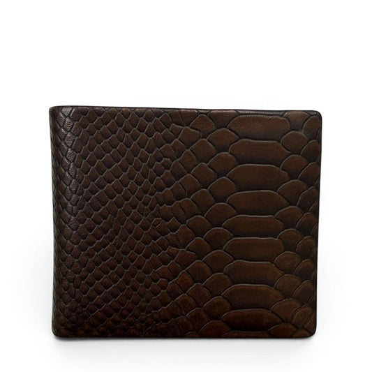 Sina Footwear dark brown genuine leather bi-fold wallet with embossed snake skin texture.