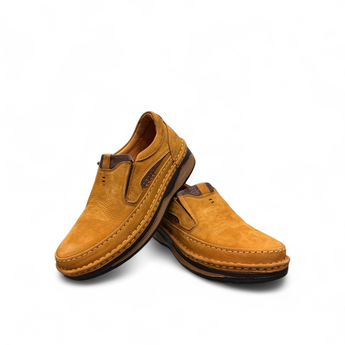 Sina Footwear Datam brown men's slip-on shoes featuring premium leather upper, leather lining, and rubber outsole. Photo of upper view.