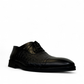 Sina Footwear Dragon black patent leather oxford shoe with textured side panel and handmade stitching detail. Photo of front side view.