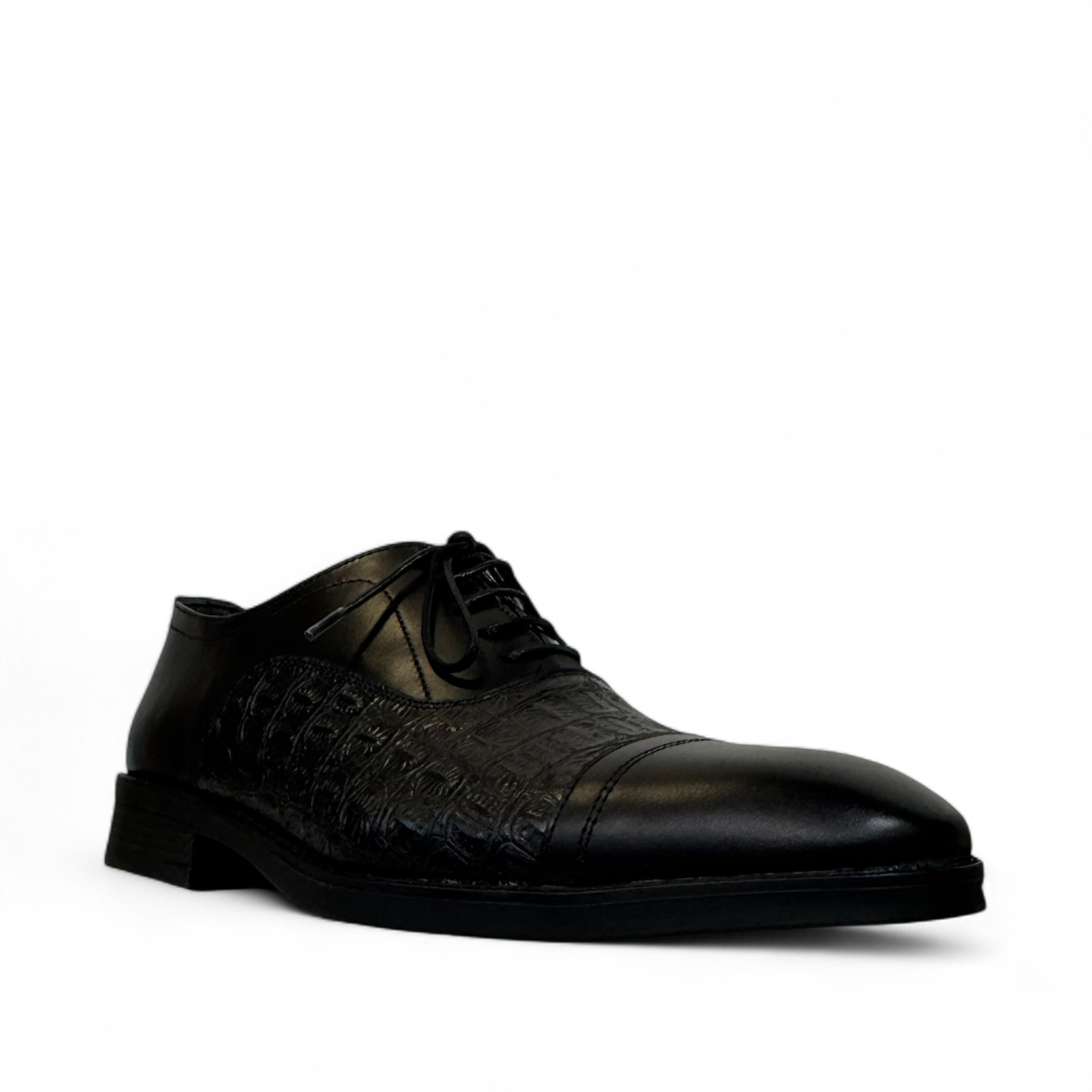 Sina Footwear Dragon black patent leather oxford shoe with textured side panel and handmade stitching detail. Photo of front side view.