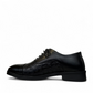 Sina Footwear Dragon black patent leather oxford shoe with textured side panel and handmade stitching detail. Photo of left side view.