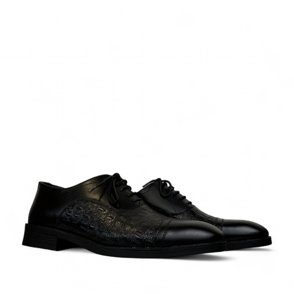 Sina Footwear Dragon black patent leather oxford shoe with textured side panel and handmade stitching detail. Photo of side views.