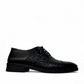 Sina Footwear Dragon black patent leather oxford shoe with textured side panel and handmade stitching detail. Photo of right side view.