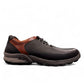 Sina Footwear Gilan black leather lace-up shoe with brown heel detail, textured rubber outsole, and side stitching. Photo of right side view.