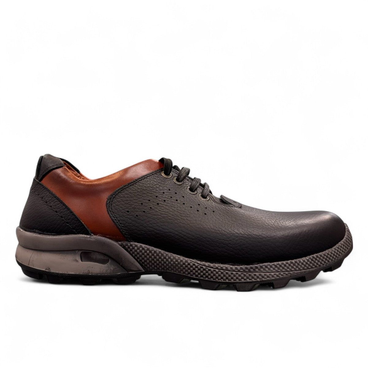 Sina Footwear Gilan black leather lace-up shoe with brown heel detail, textured rubber outsole, and side stitching. Photo of right side view.
