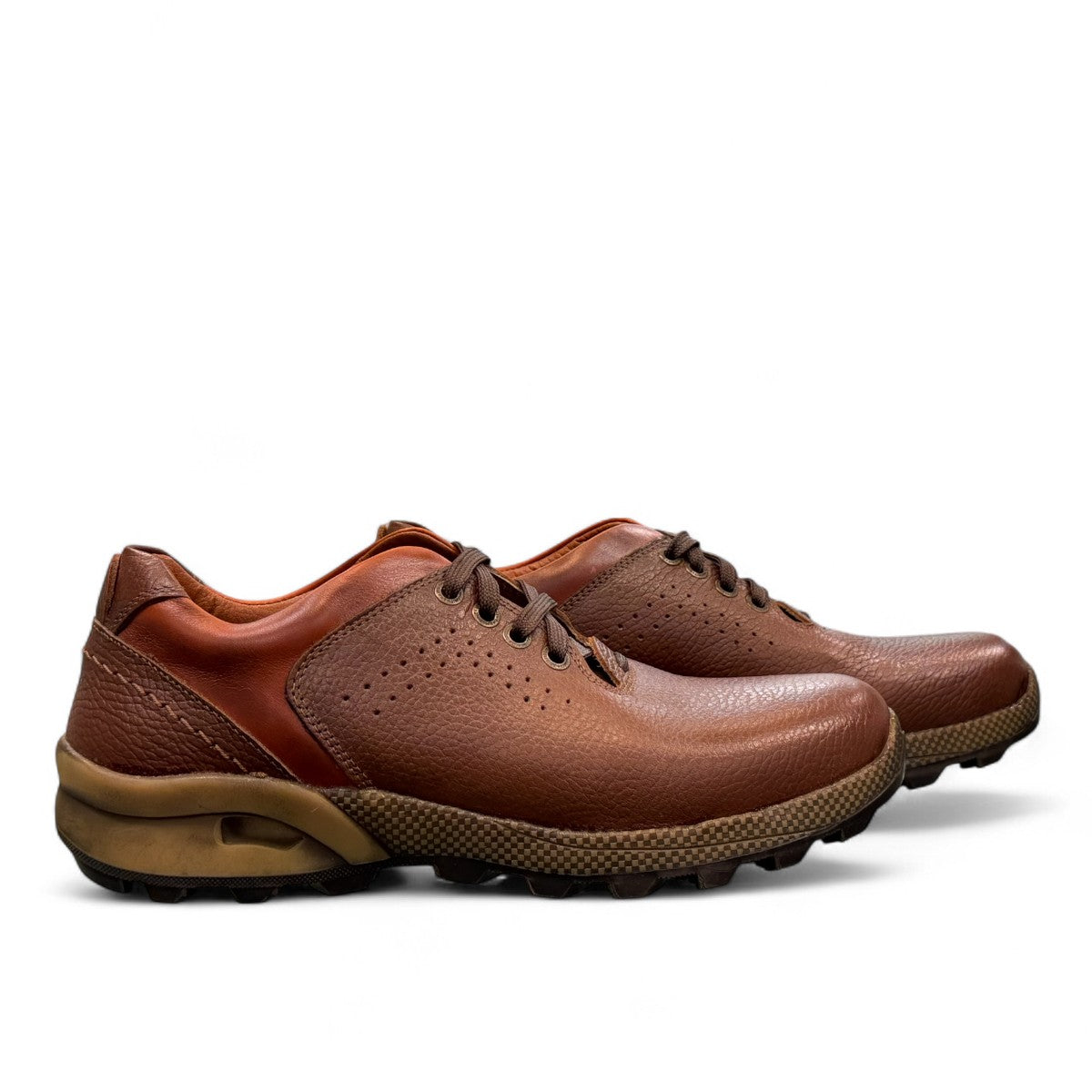Sina Footwear Gilan brown leather lace-up shoe with textured upper, handmade stitching, and durable rubber sole. Photo of side views.