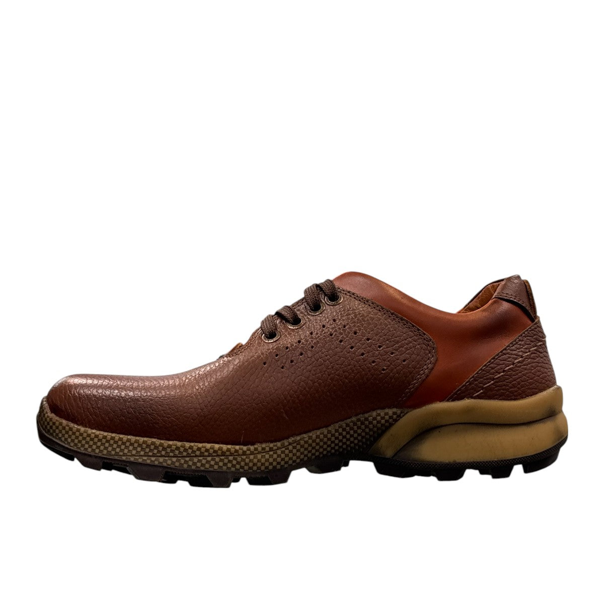 Sina Footwear Gilan brown leather lace-up shoe with textured upper, handmade stitching, and durable rubber sole. Photo of left side view.
