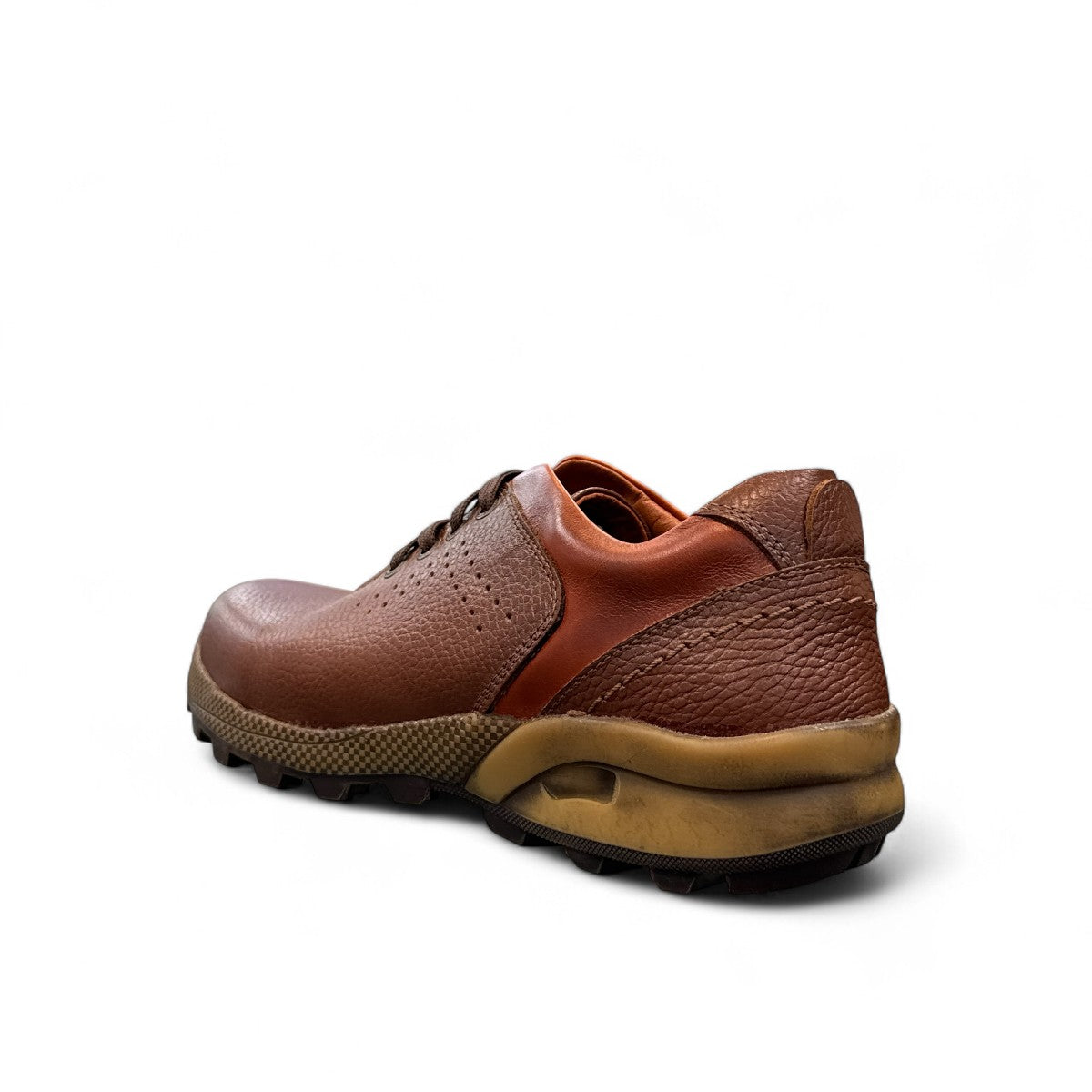 Sina Footwear Gilan brown leather lace-up shoe with textured upper, handmade stitching, and durable rubber sole. Photo of back side view.