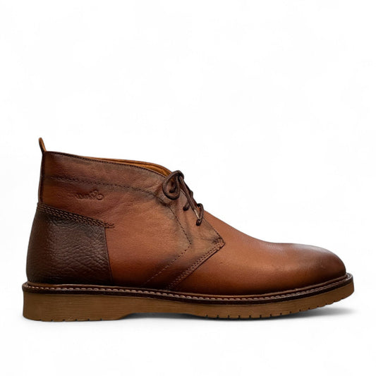 Sina Footwear Hamedan brown leather lace-up boots with a durable rubber outsole and refined handmade stitching. Photo of right side view.
