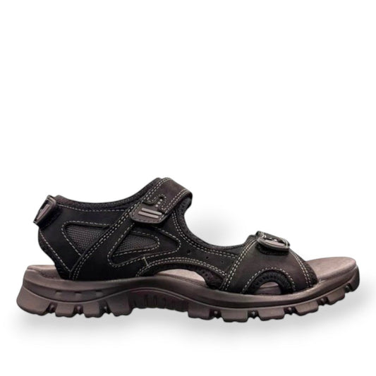 Josef Seibel Bart 01 men's black nubuck leather sandal with three adjustable straps and PU sole.