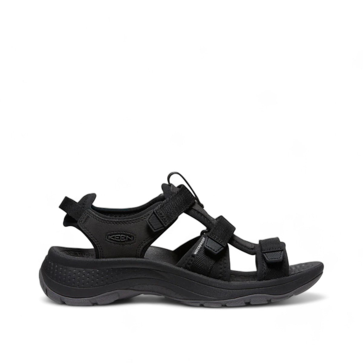 Sina Footwear KEEN Astoria West open toe black hybrid sandal with adjustable straps and contoured arch support.