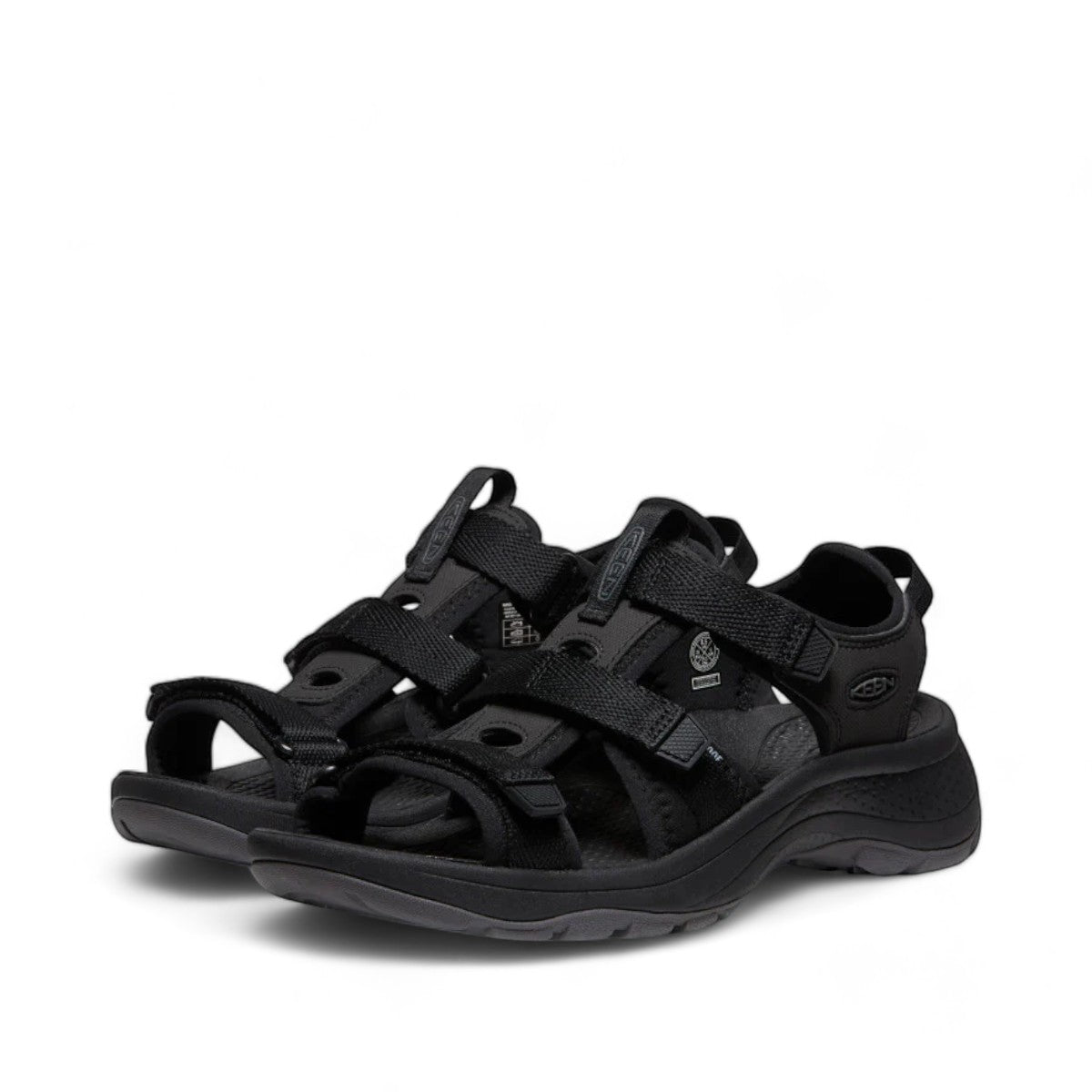 Sina Footwear KEEN Astoria West open toe black hybrid wedge sandals with adjustable straps and contoured arch support.