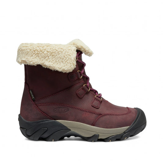 Sina Footwear KEEN BETTY BOOT SHORT WP burgundy leather waterproof winter boot with faux fur lining and lug sole.