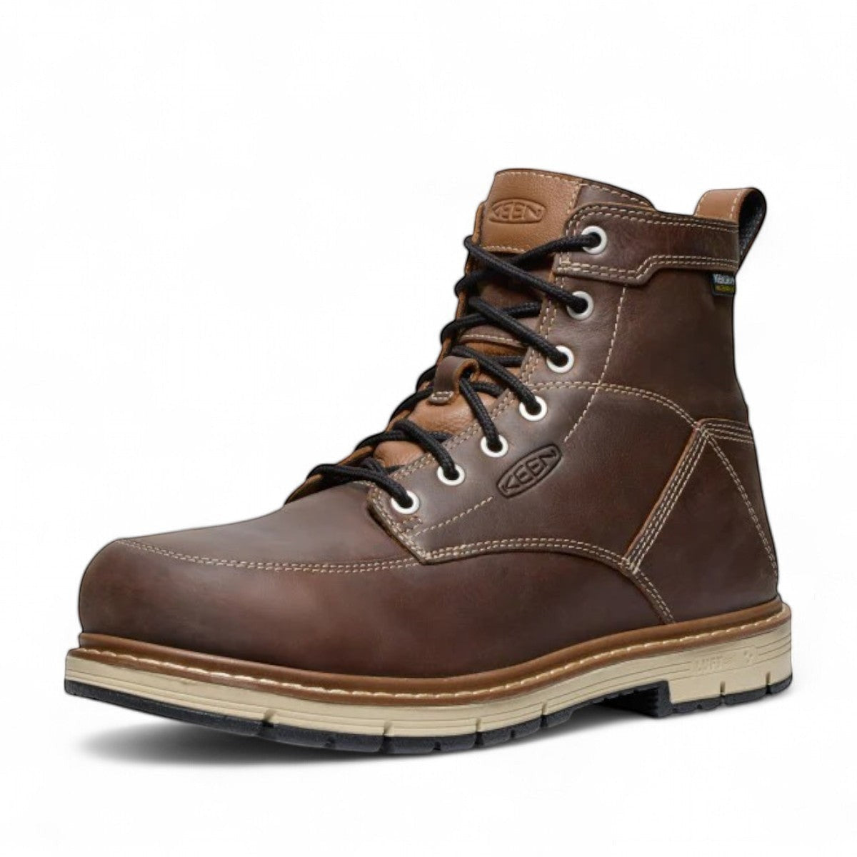 Sina Footwear KEEN CSA SAN JOSE 6" WP work boots in brown leather with black laces and a rubber sole. Features a soft toe and waterproof design.
