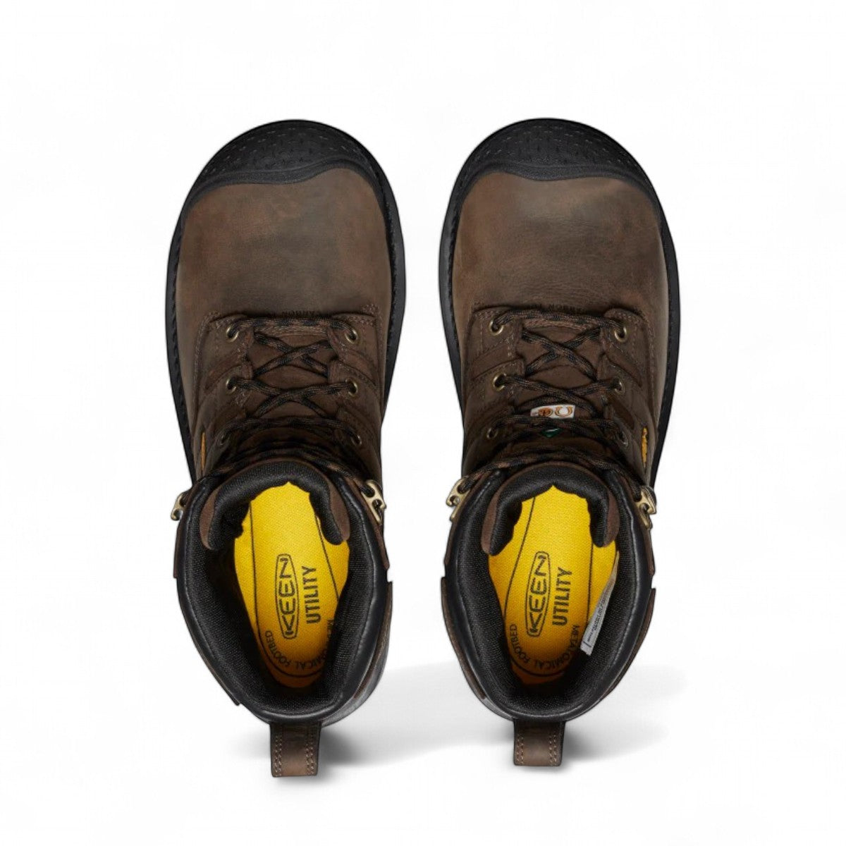KEEN CSA CAMDEN 6" WP boots in dark earth and black leather. Waterproof, carbon toe, slip-resistant.