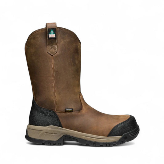 Sina Footwear KEEN CSA EVANSTON PULL ON WP waterproof leather work boots in bison/black with carbon toe and slip-resistant sole.