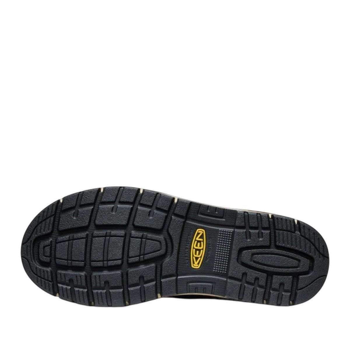 Sina Footwear KEEN CSA SAN JOSE 6" WP work boot sole, black rubber with deep tread for traction.