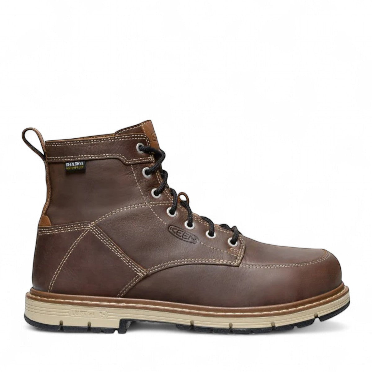 Sina Footwear KEEN CSA SAN JOSE 6" WP work boots in brown leather with black laces and a tan collar. Waterproof.