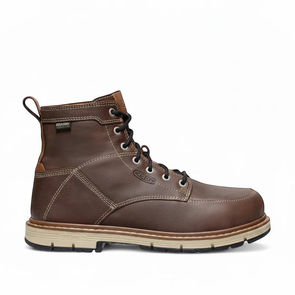 Sina Footwear KEEN CSA SAN JOSE 6" WP brown leather work boots with KEEN.DRY waterproof membrane and 90-degree heel.