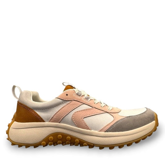 Sina Footwear women's KEEN KS86 leather sneakers in maple, cameo rose, white, and grey with a rugged sole.
