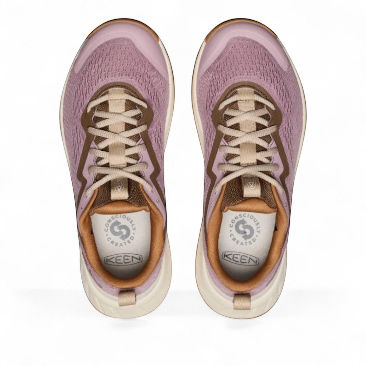 KEEN WOMEN'S VERSACORE SPEED athletic hiker shoes in toadstool/birch with mesh upper and KEEN.ALL-TERRAIN outsole.