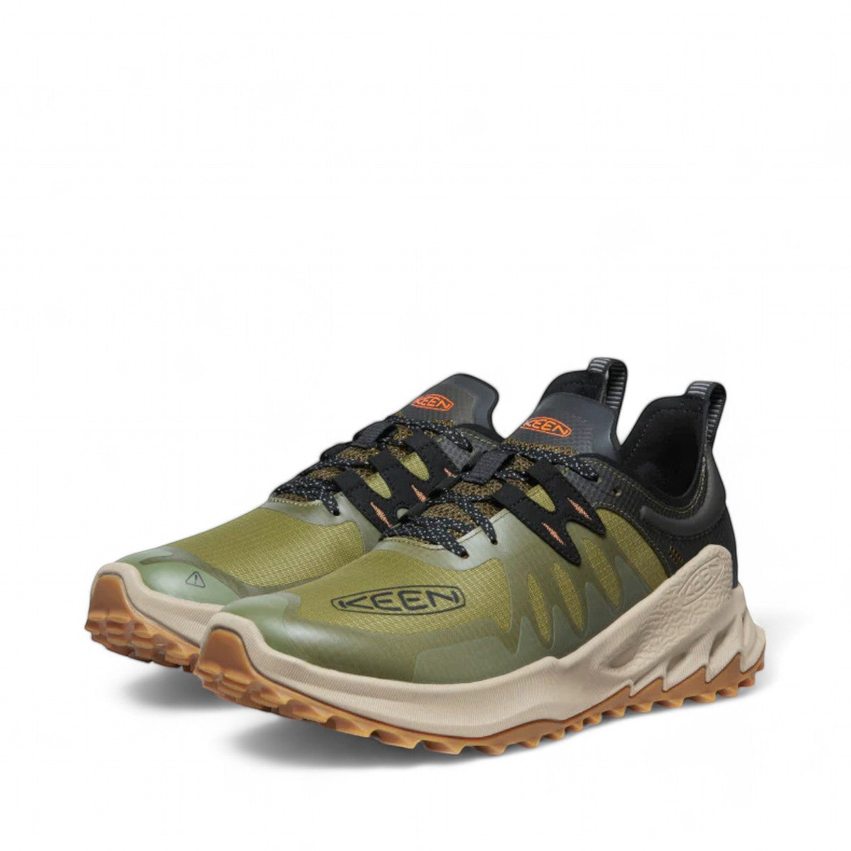 KEEN Zionic Speed hiking shoes in dark olive green with scarlet ibis accents. Features ripstop mesh and rugged outsole.