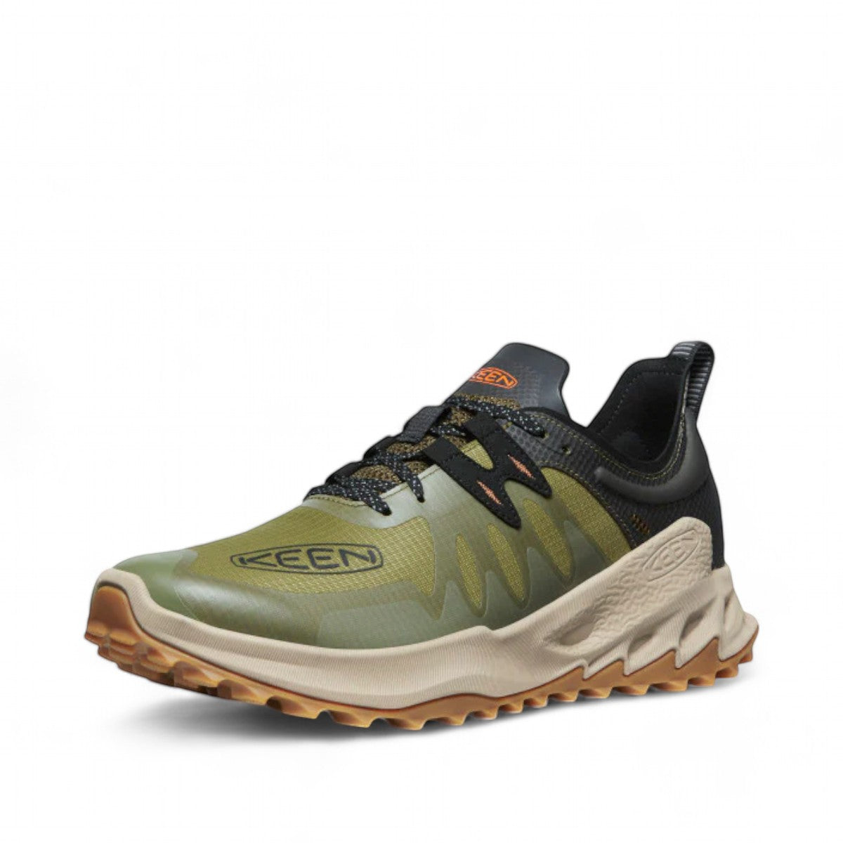 KEEN Zionic Speed hiking shoes in dark olive green with scarlet ibis accents. Features KEEN.DRY waterproof membrane and recycled materials.