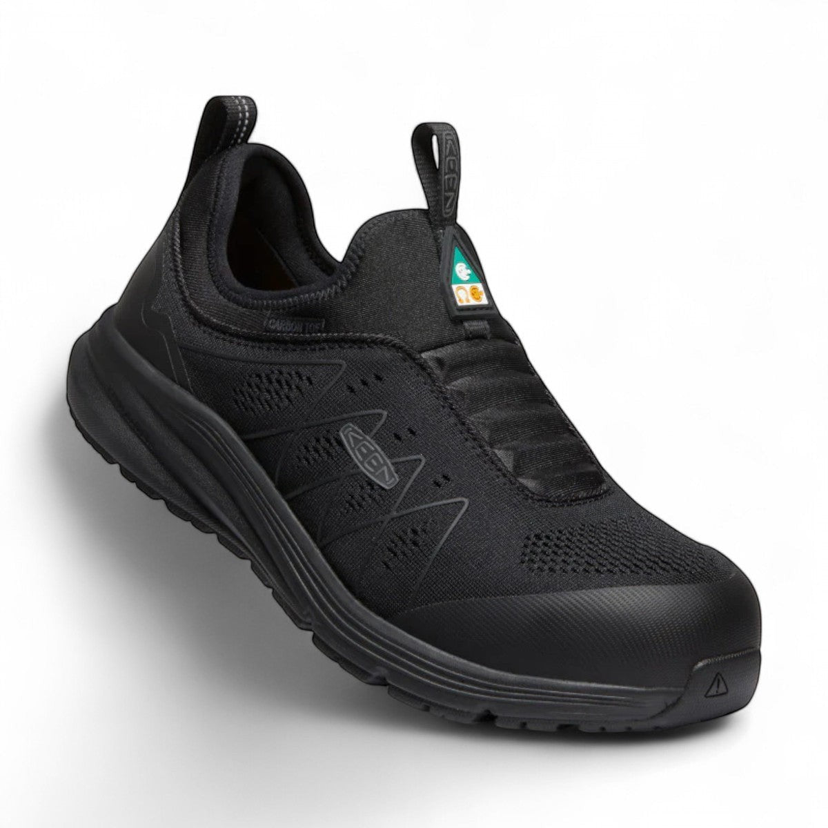 Sina Footwear KEEN MEN'S CSA-VISTA ENERGY SHIFT black slip-on work sneaker with carbon toe and breathable mesh upper.