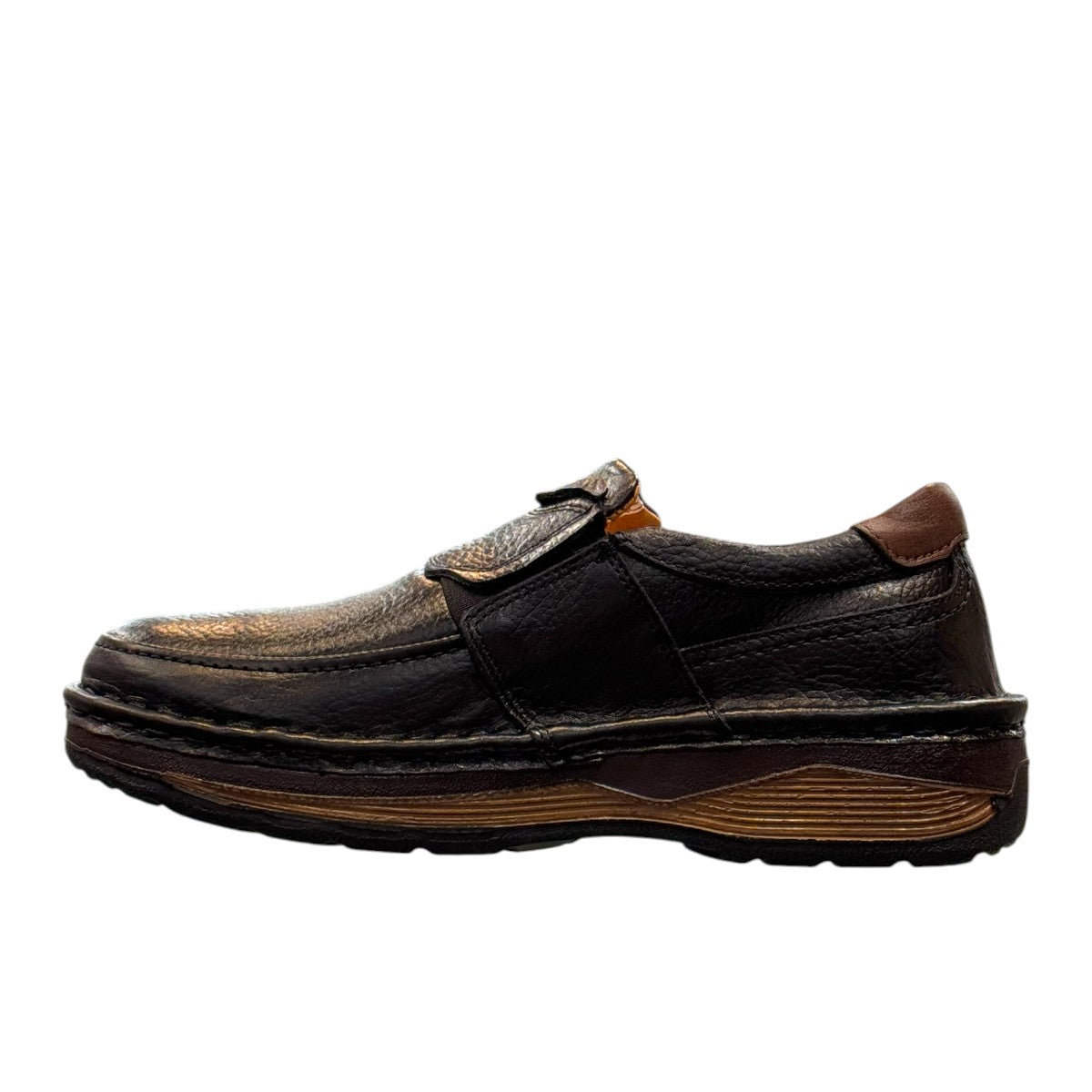 Sina Footwear Kiarash black genuine leather slip-on shoes with handmade stitching and a durable textured sole. Photo of left side view.
