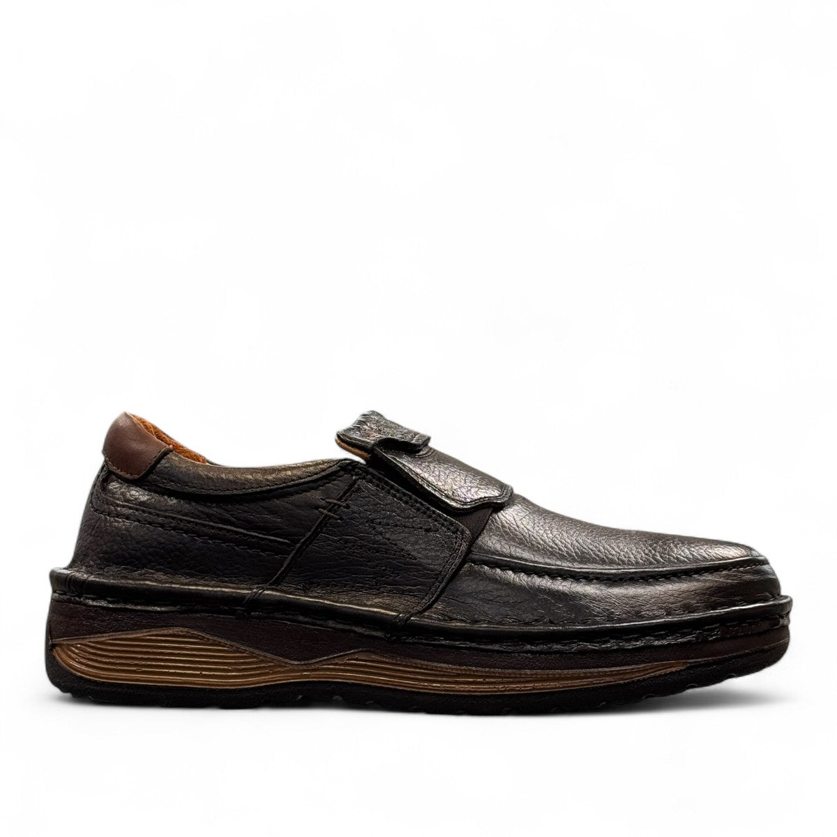 Sina Footwear Kiarash black genuine leather slip-on shoes with handmade stitching and a durable textured sole. Photo of right side view.