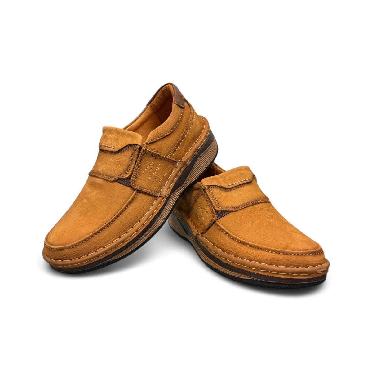 Sina Footwear Kiarash brown genuine leather casual shoes with handmade stitching and durable rubber outsole. Photo of upper view.
