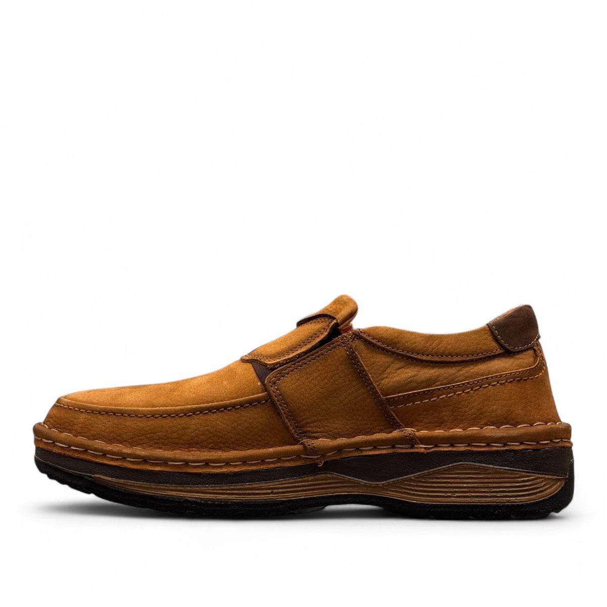 Sina Footwear Kiarash brown genuine leather casual shoes with handmade stitching and durable rubber outsole. Photo of left side view.