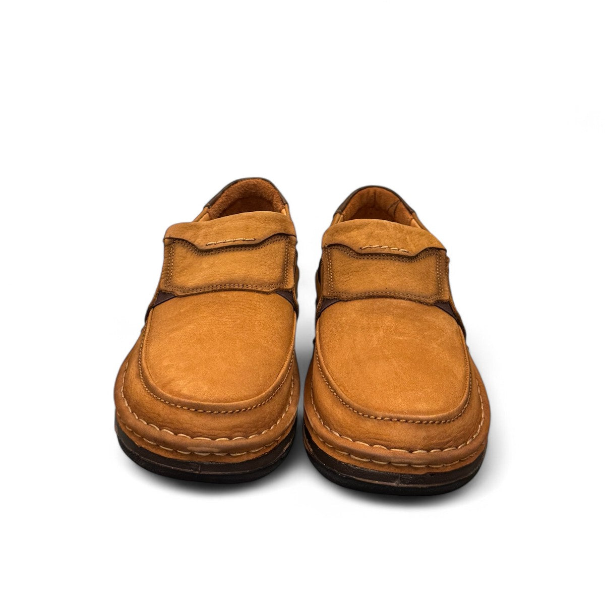 Sina Footwear Kiarash brown genuine leather casual shoes with handmade stitching and durable rubber outsole. Photo of front view.