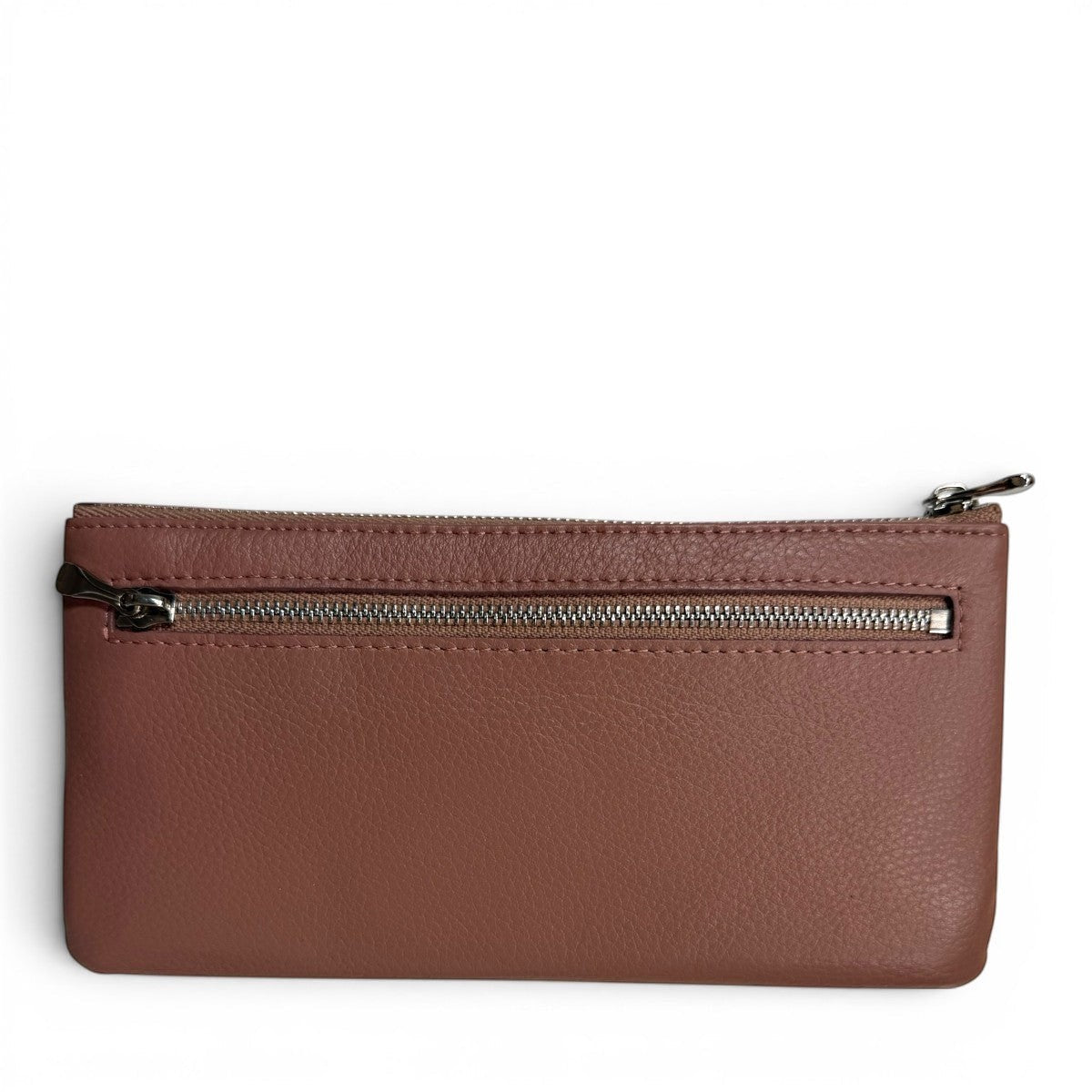 Sina Footwear genuine leather wallet in a dusty rose color with a zippered pocket on the front.